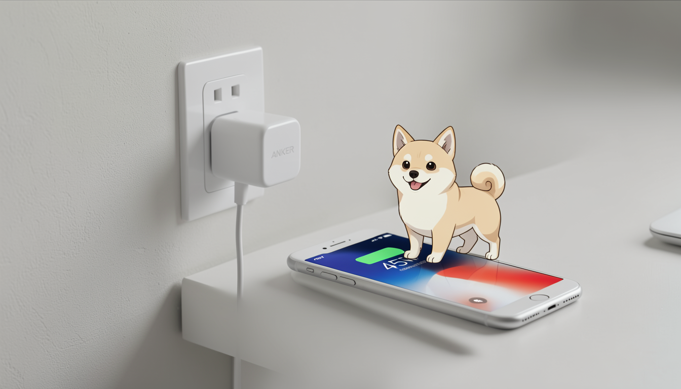 壁のコンセントに差し込まれ、iPhoneに45Wで給電中であることを示すAnker Nano Chargerのディスプレイ