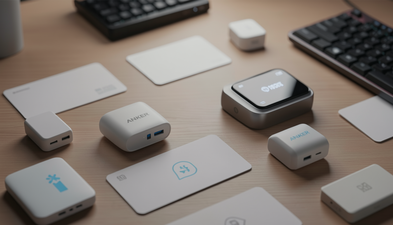 デスク上の複数の充電器と、ディスプレイを搭載したAnker Nano Chargerの比較イメージ