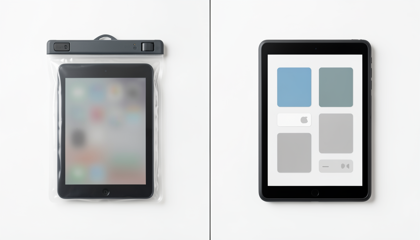 防水ケースに入れた古いiPad miniと最新の防水タブレットの比較図