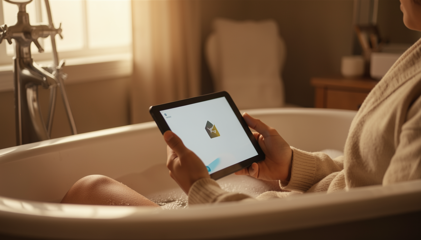 お風呂でリラックスしながらタブレット端末を操作する人のイメージ