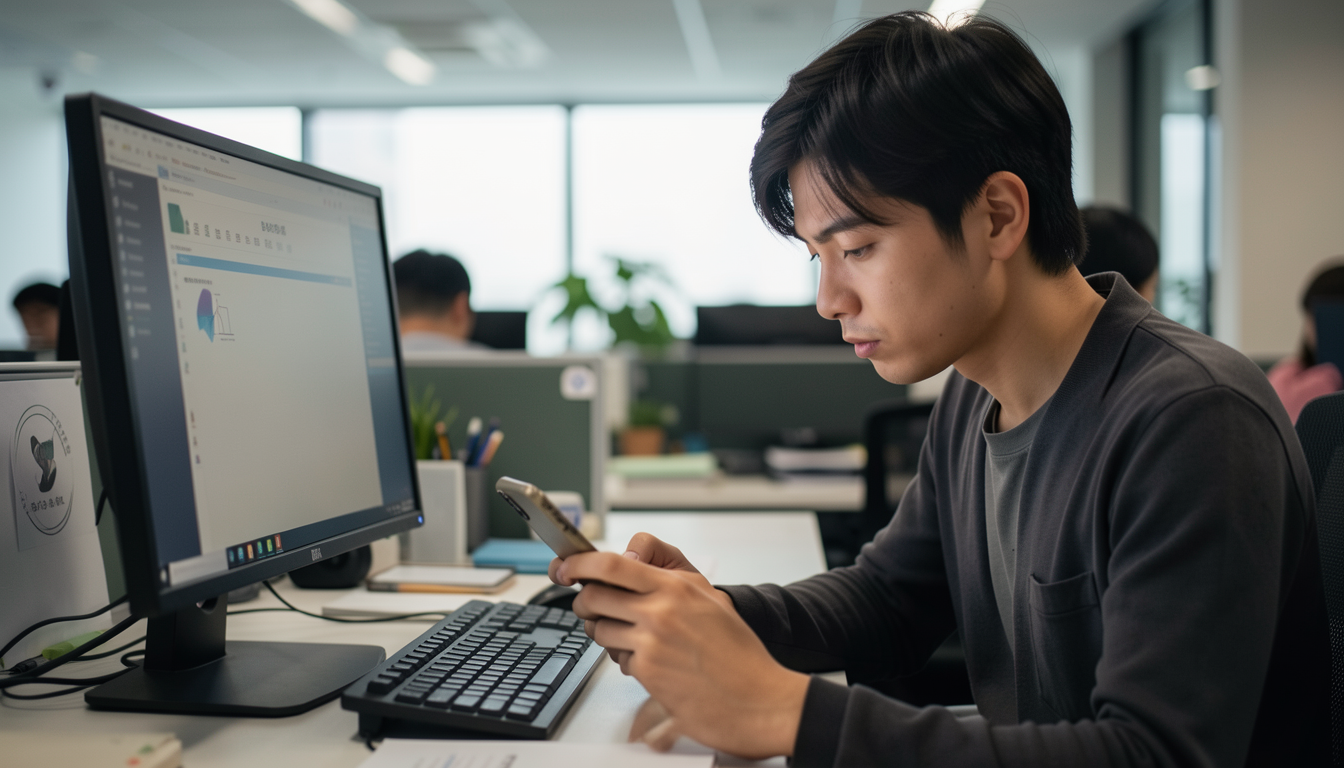 デスクで作業中にスマホを見てしまい集中力が切れている様子
