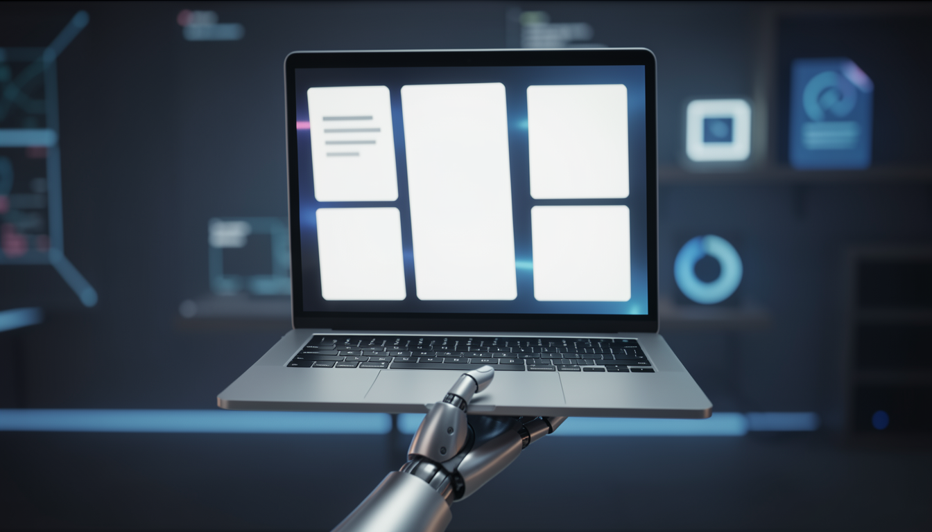 人間とAIの協働を象徴する、最新ノートPCを支えるロボットハンドのイメージ