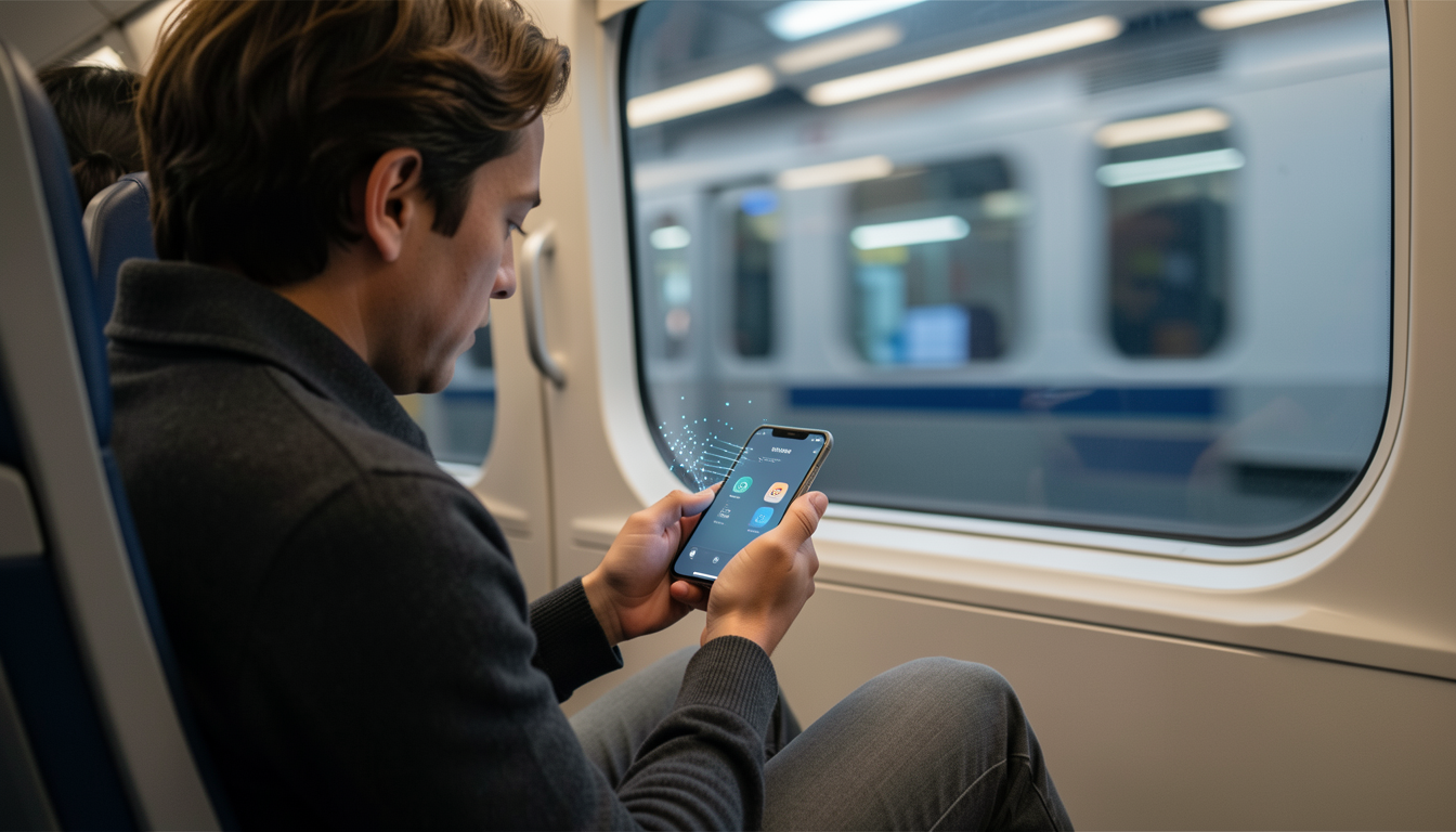 電車内でスマホを見ている人の手元、車両モーションキューが有効な様子