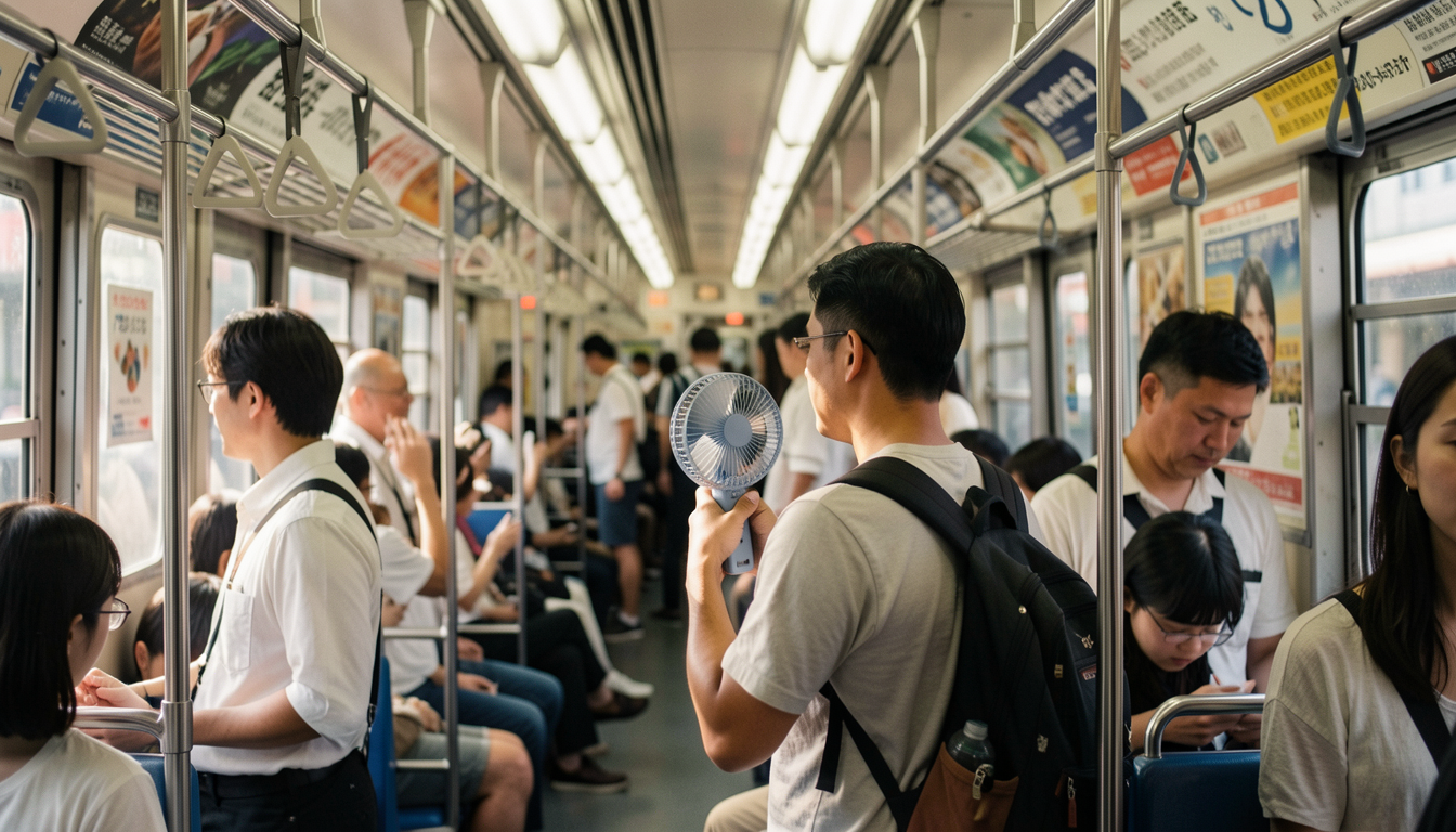 満員電車でハンディファンを使う人の日常風景