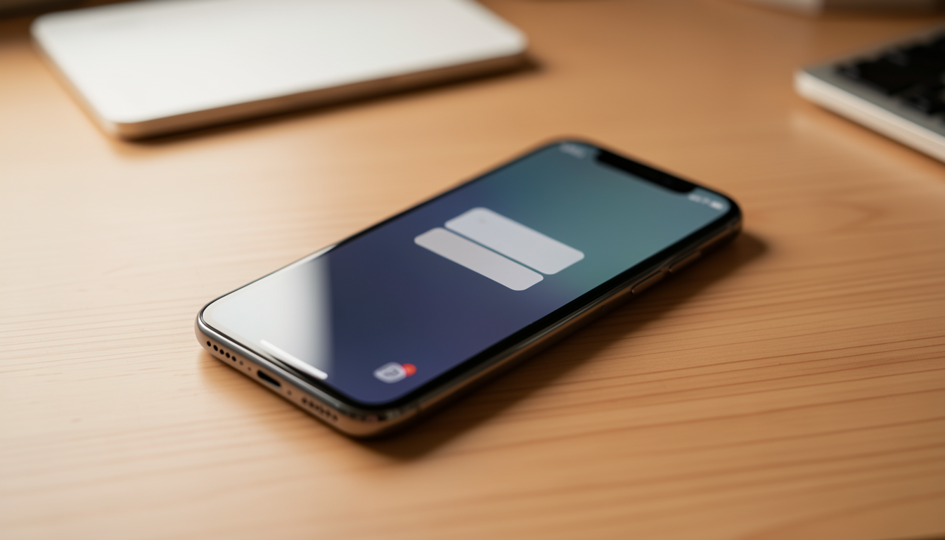 木製のデスクに置かれた高級スマートフォンのクローズアップ