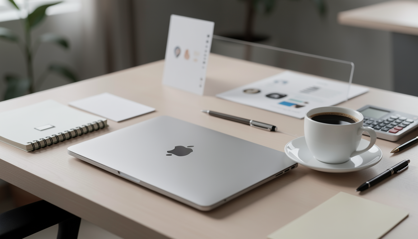 MacBook Airが置かれた落ち着いたデスクの様子
