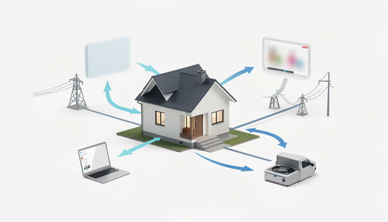 住宅と電力網が相互接続される仕組みを示す概念図