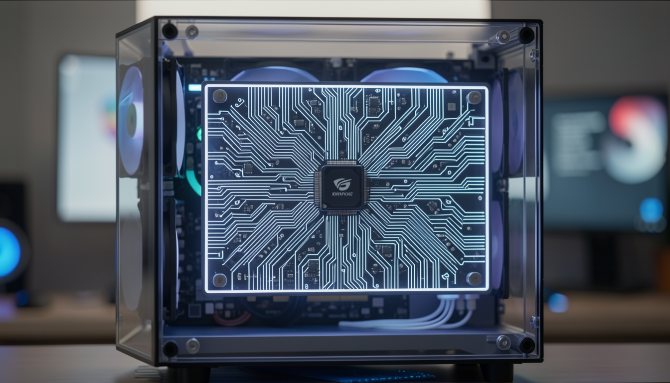 PCケースの中で光る高度なグラフィックボードのクローズアップ。