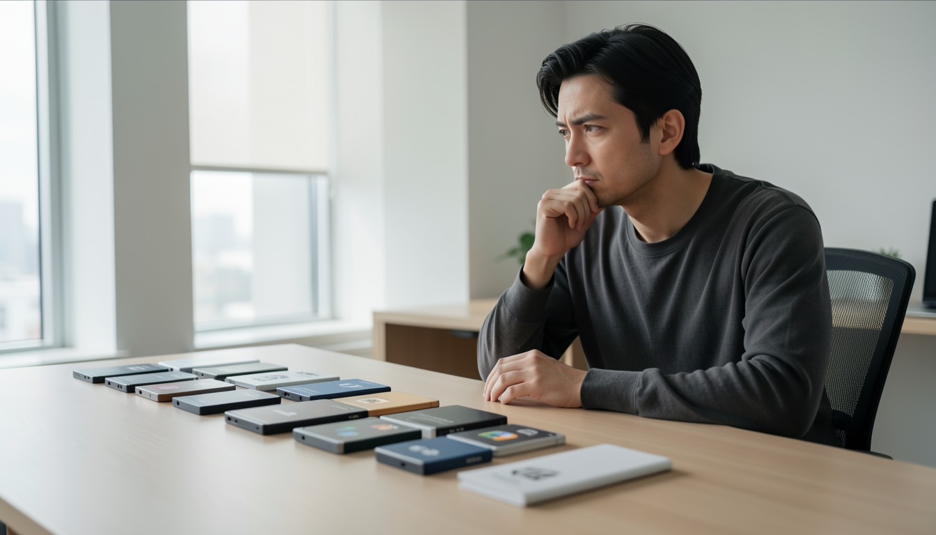 複数のハードウェアウォレットを前にして、慎重に検討している人のイメージ