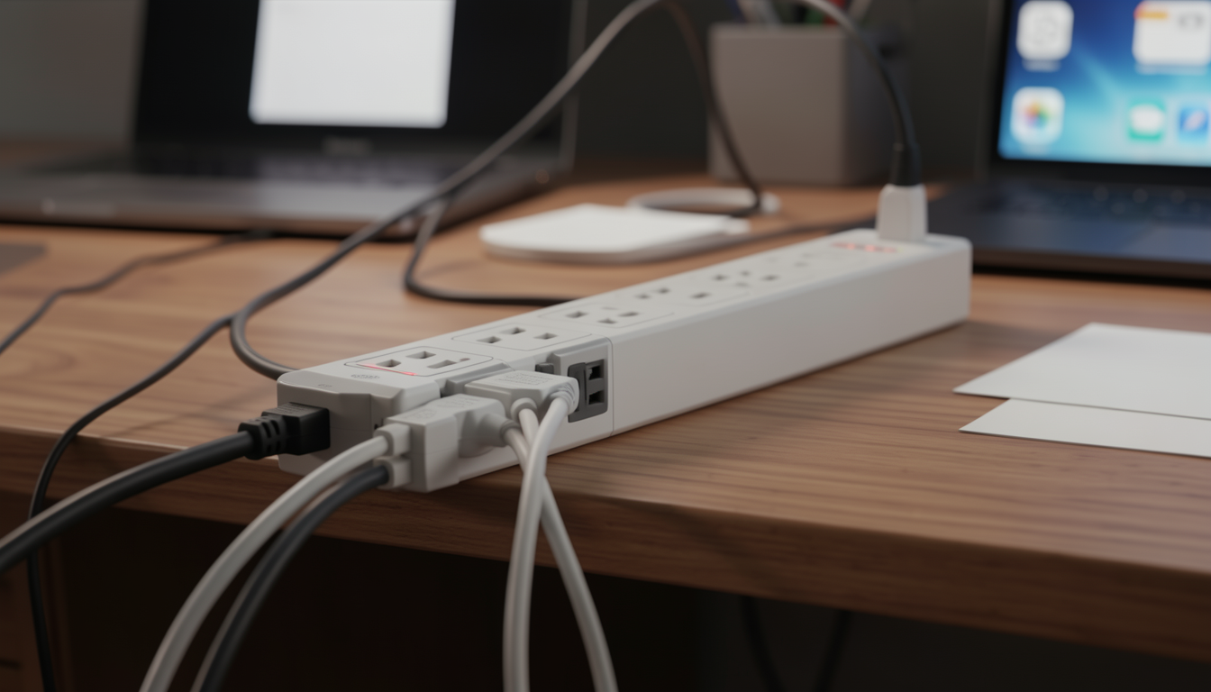 デスクの天板に固定されたAnker電源タップの端子部分の拡大図