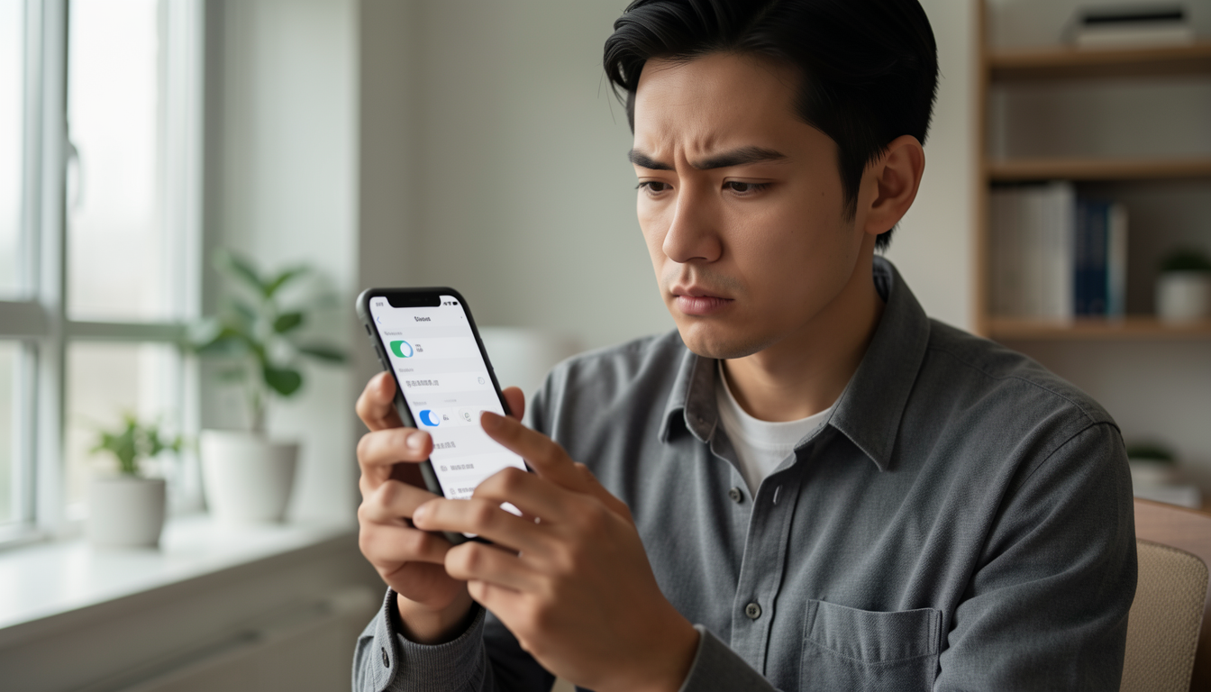 スマホの設定画面を確認する人物
