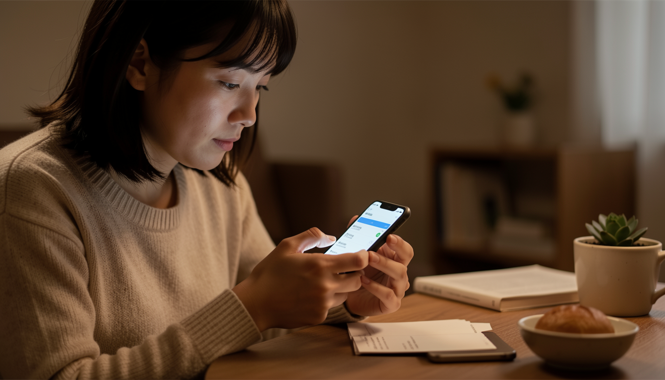 スマートフォンで子供のスマートウォッチのセキュリティ設定を確認する親の様子