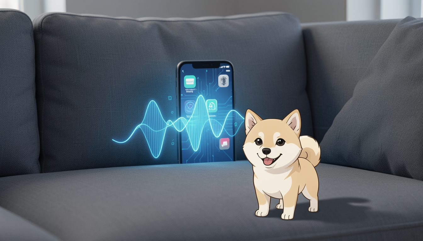 ソファの裏に隠れたスマートフォンからBluetooth信号の波が広がるイメージ図
