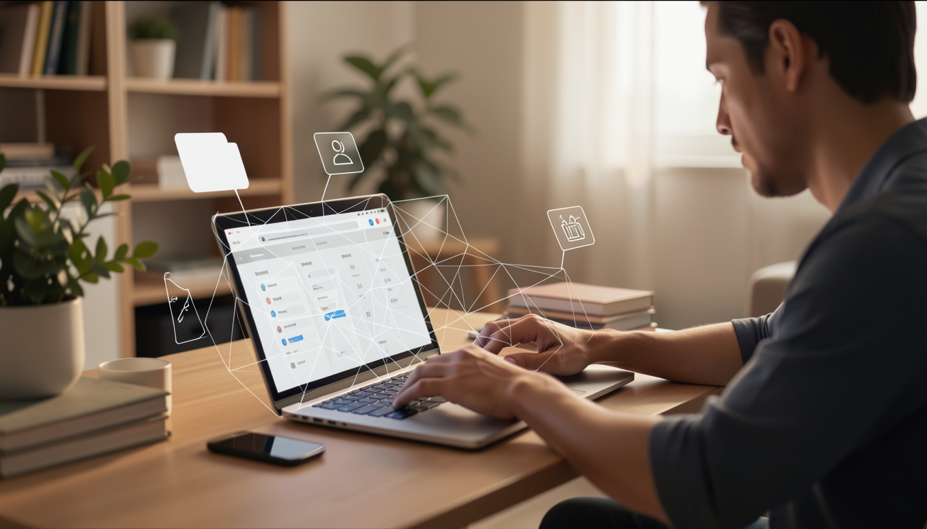 自宅の部屋でPCを使ってスマートフォンのBluetooth信号を追跡しているイメージ