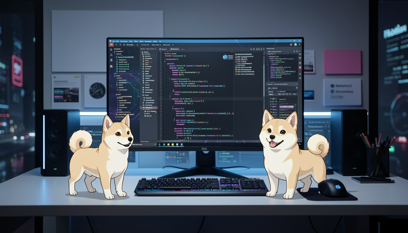 複雑なコードを表示するハイエンドデスクトップPCが置かれた近未来的なワークスペース