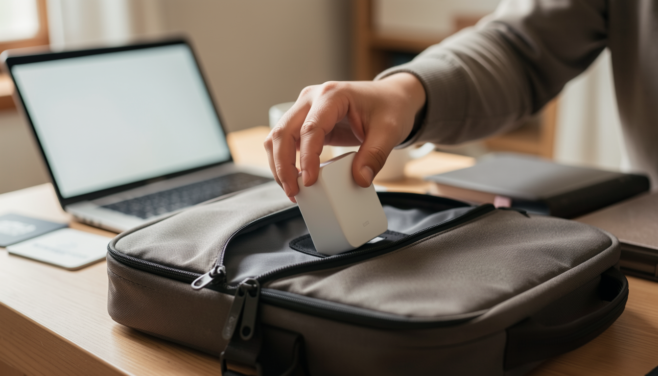 ノートPCバッグに小さな充電器を収納している様子
