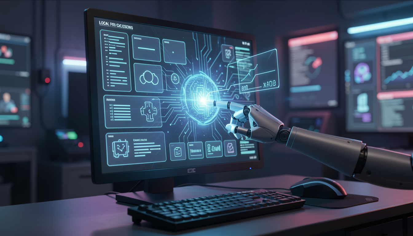 PCからAI技術が溢れ出しローカルで処理される様子を表現したコンセプト画像
