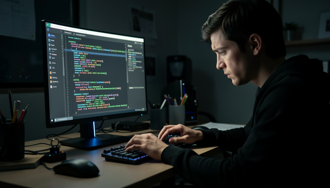 PCの設定やコードと格闘する様子をイメージしたイラスト