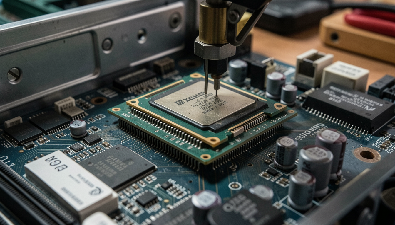 古いサーバー用のXeonプロセッサをマザーボードに装着する様子