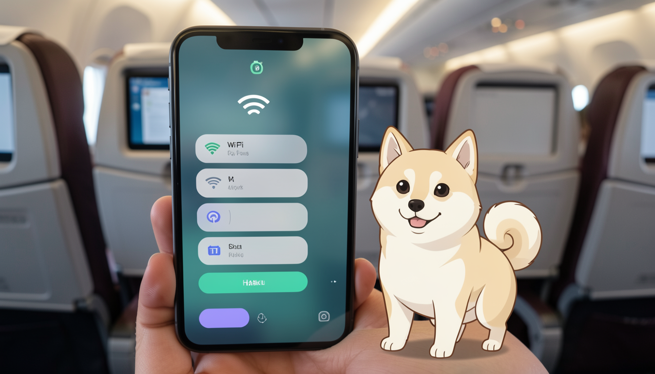 飛行機の座席でスマートフォンのWi-Fi接続設定を確認している様子