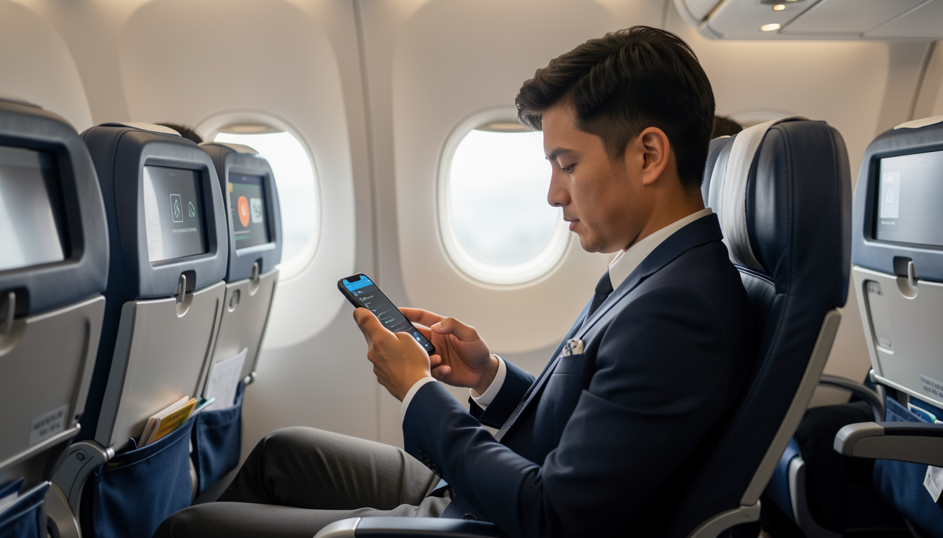 機内でスマホのセキュリティ設定を確認して安心して過ごす旅行者のイメージ