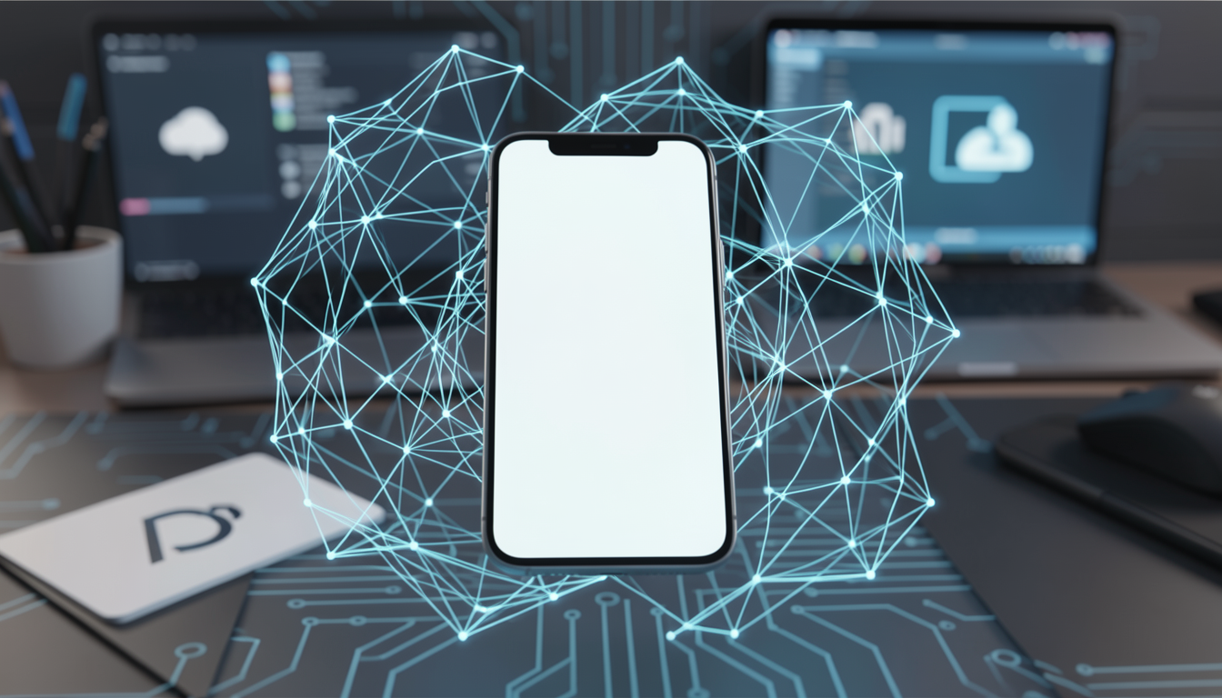 スマホから広がるAIネットワークを抽象的に表現したイメージ