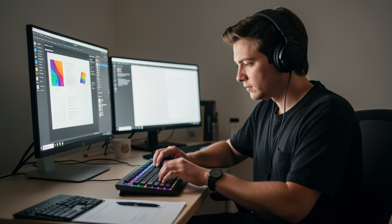 デスクでPCの設定を確認するストリーマーの様子