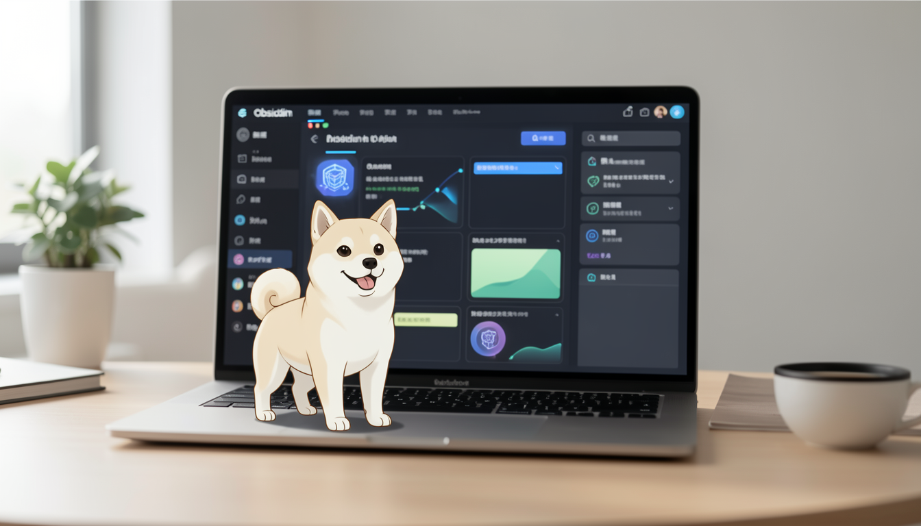 Obsidianを開いたノートPCと、AIが統合された作業環境のイメージ