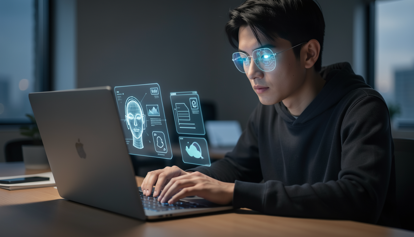 モダンなノートPCに向かい、ホログラフィックなAIインターフェースを操作する人の様子