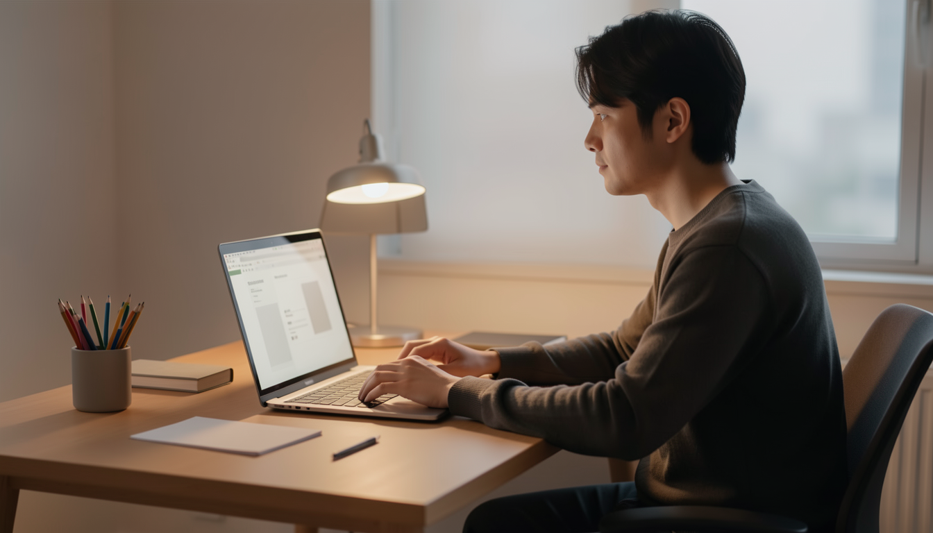 デスクでノートPCに向かって落ち着いて作業する人物の様子