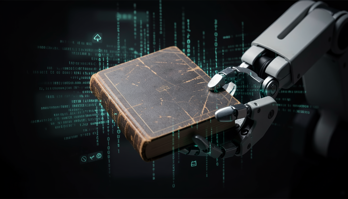 ロボットアームが古いハードカバー本を保持し、周囲にデジタルコードが輝く様子