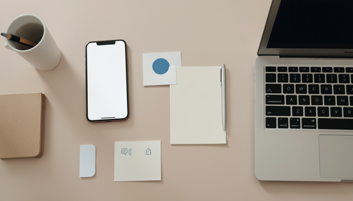 ノートPCとスマホが並んだクリーンな作業環境のフラットレイ