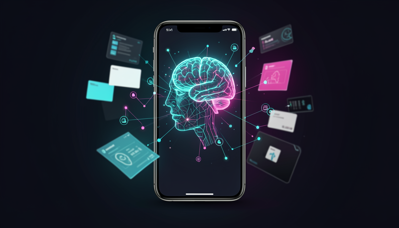 スマートフォンの中でAIがデータノードを生成して進化している様子を示すコンセプト画像