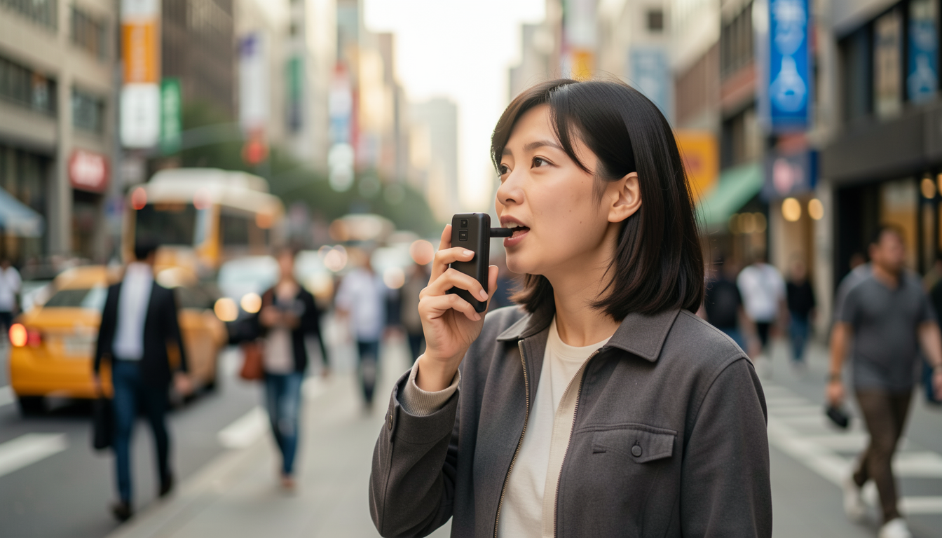 街中でAIマインドクリップを使って音声メモを取るビジネスパーソンの様子