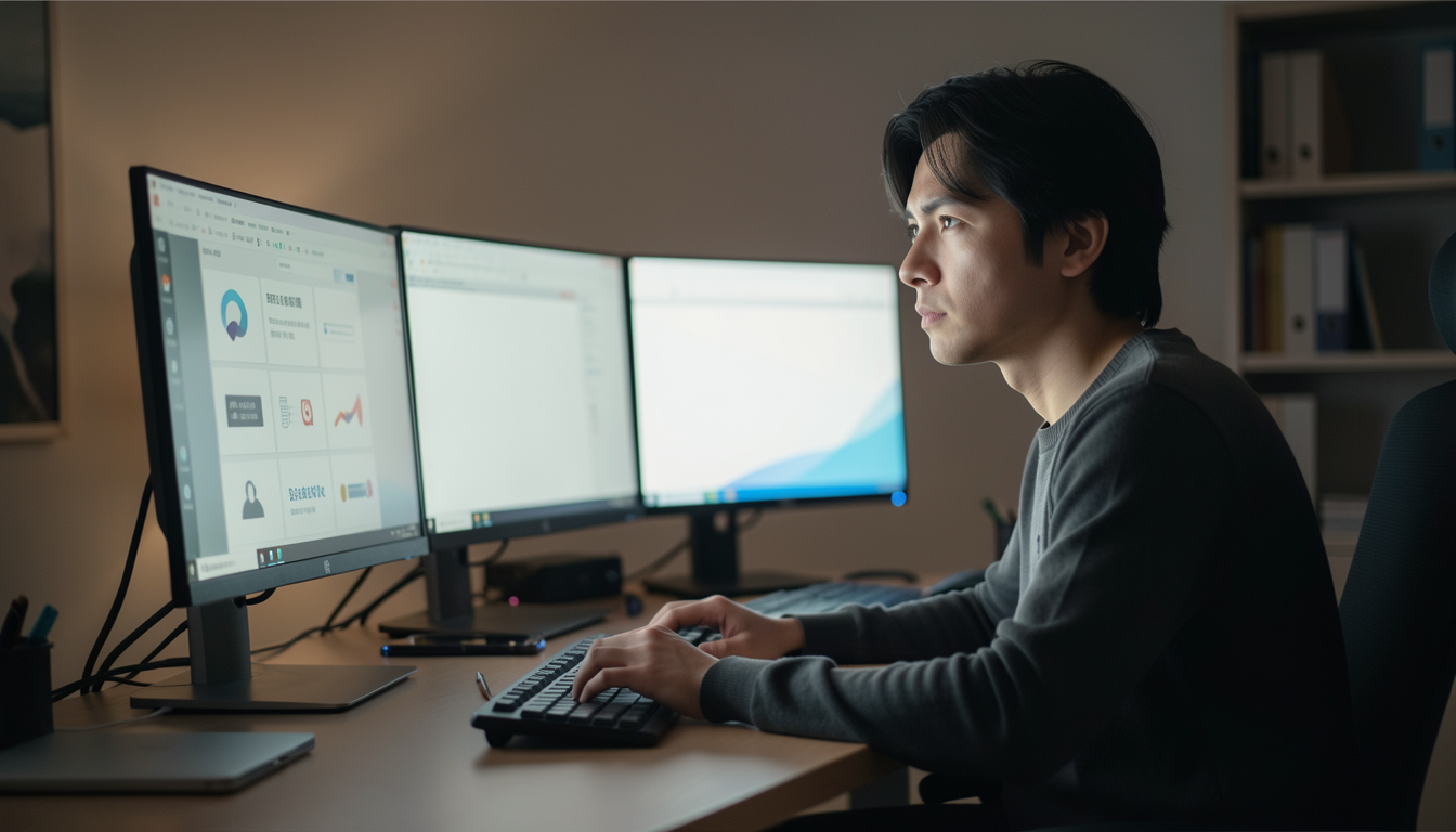 モニターを見ながらプライバシー管理について思索する人のイメージ
