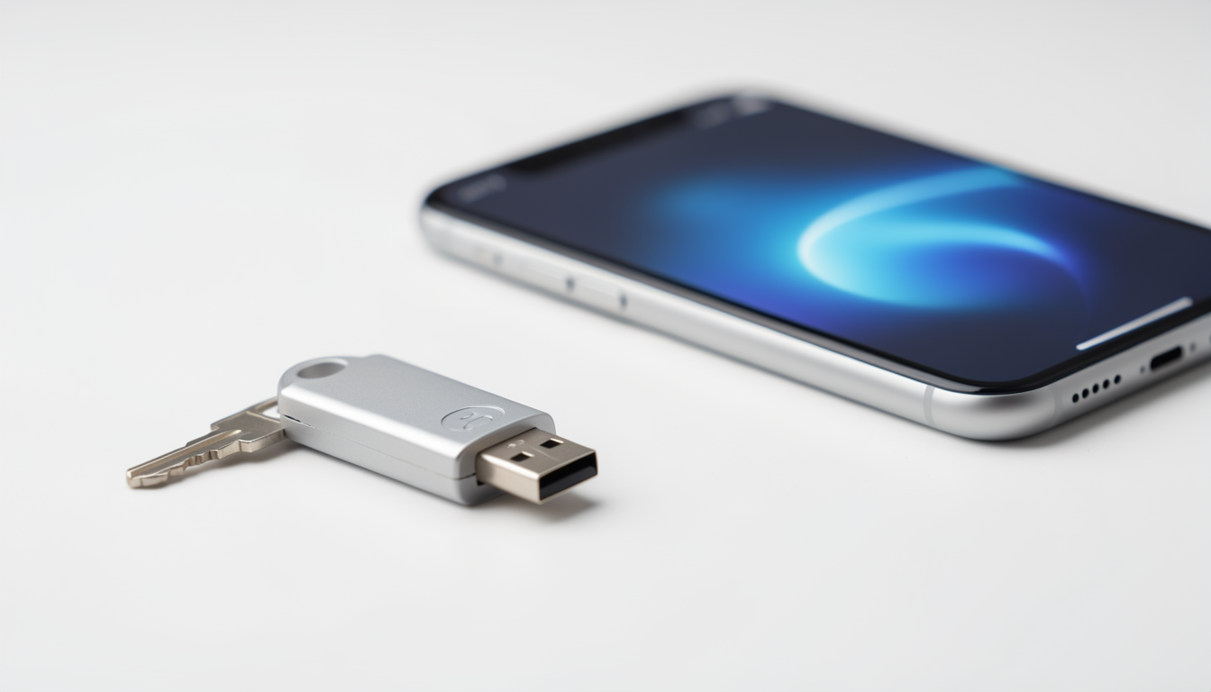 白いデスクに置かれた小型セキュリティキーとスマートフォンのクローズアップ
