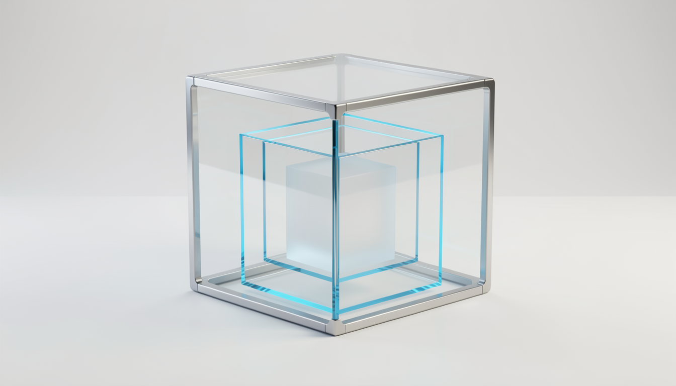 透明な立方体の中にもう一つの立方体が収まった、隔離環境を表す3Dイメージ