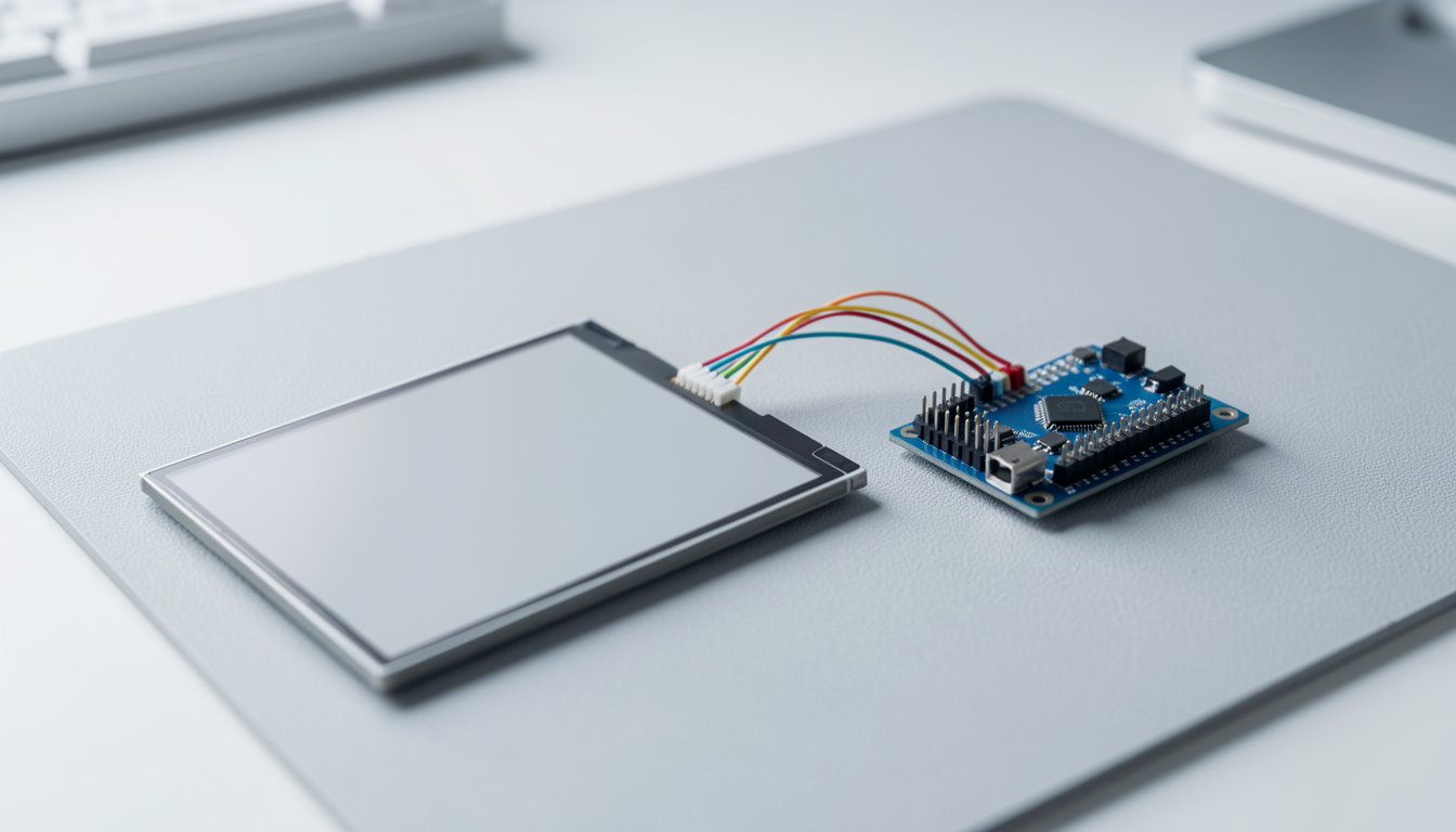 電子棚札由来の電子ペーパーパネルと小型マイコン基板をジャンパー線でつないだ作業机の様子