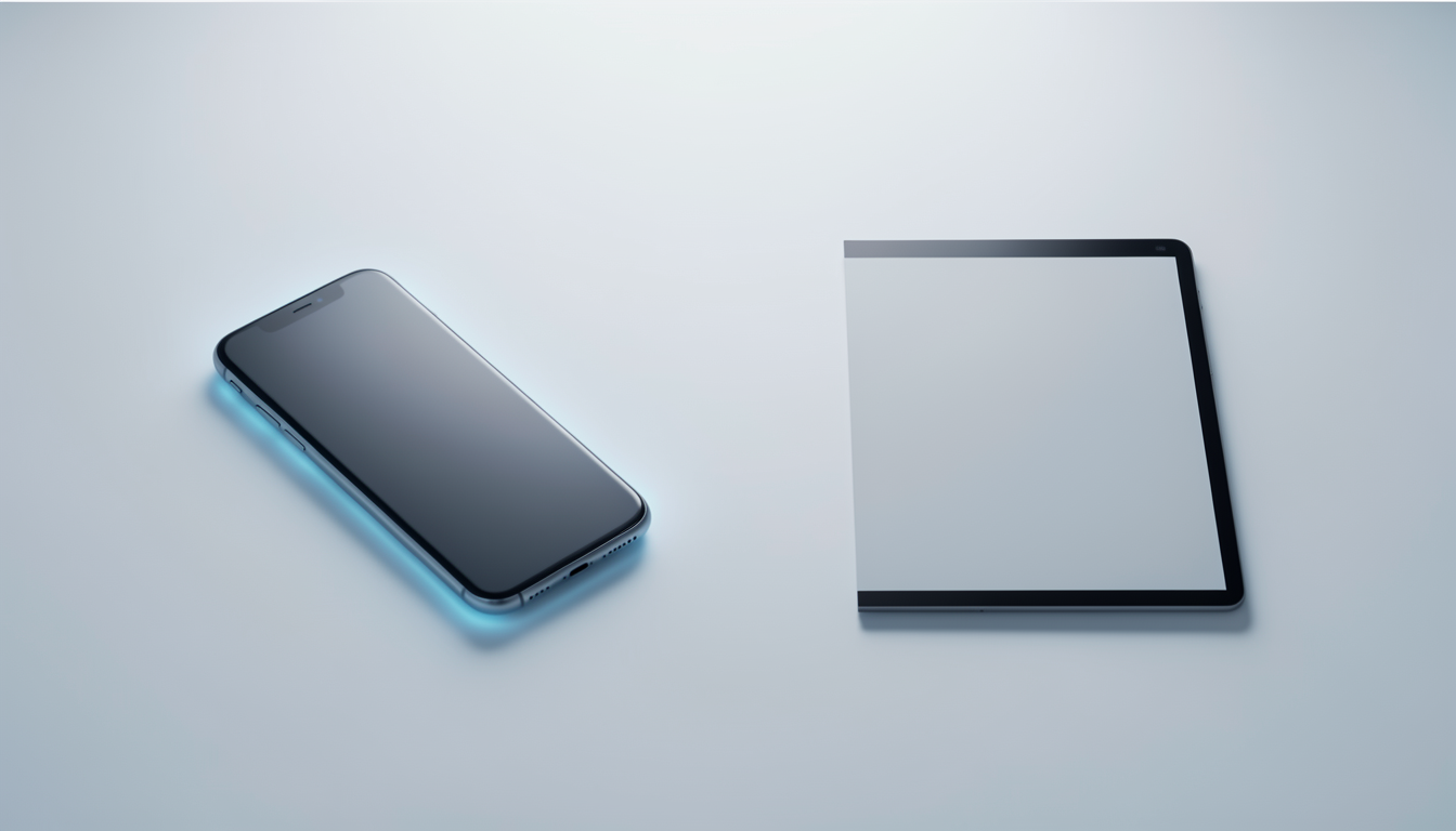伏せて置かれたスマートフォンと、表示のない小型電子ペーパー端末を並べた比較のイメージ