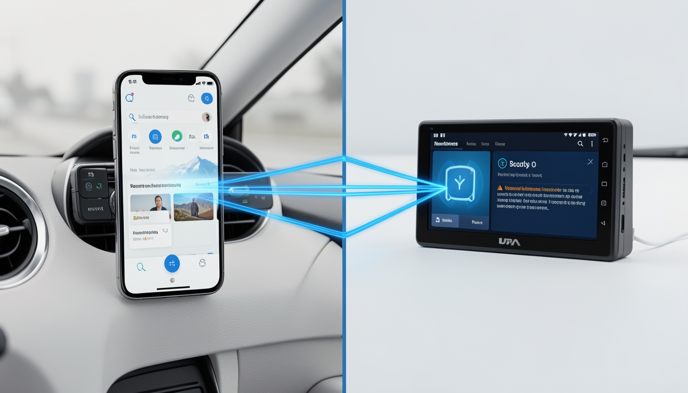 スマートフォン投影型のAndroid Autoと車載機上で直接動くAndroidの違いを表した概念図