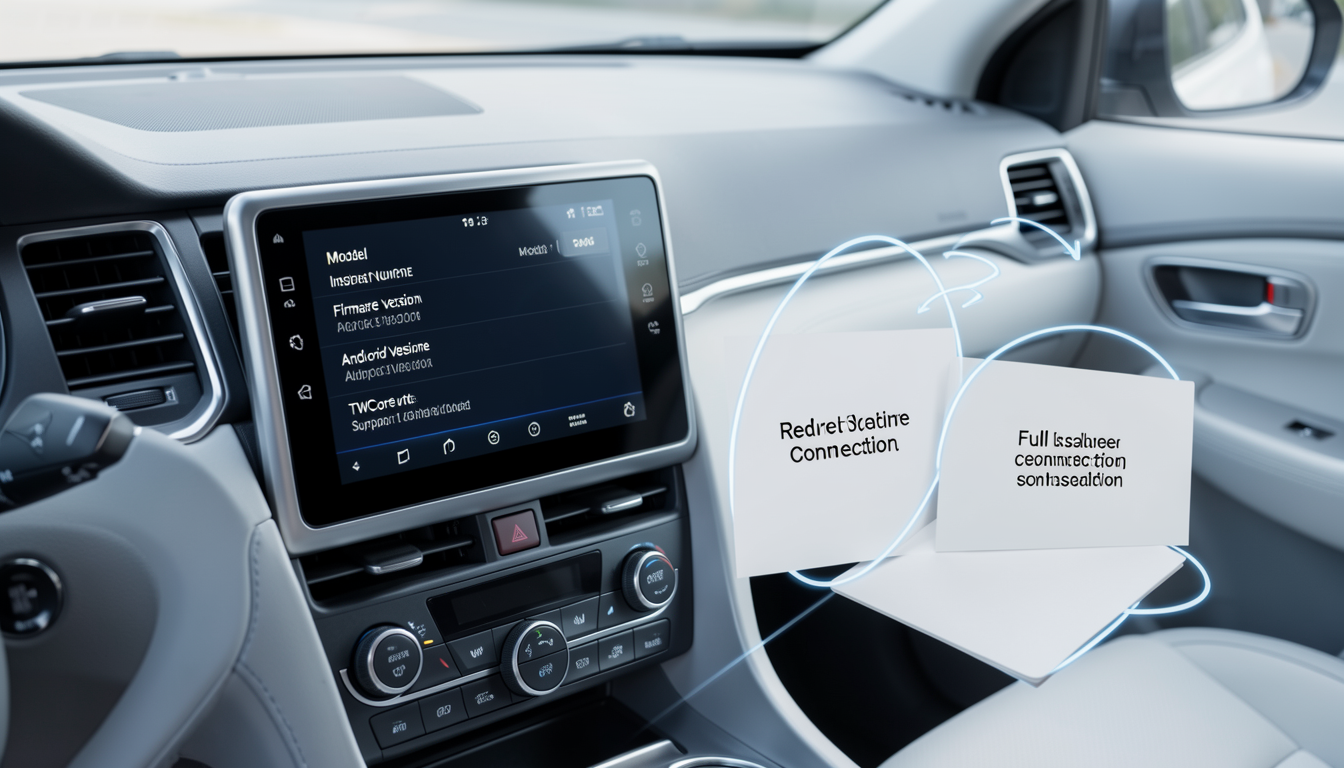 停車中にヘッドユニットの型番、ソフトウェア版、TWCore、通信経路を確認する様子