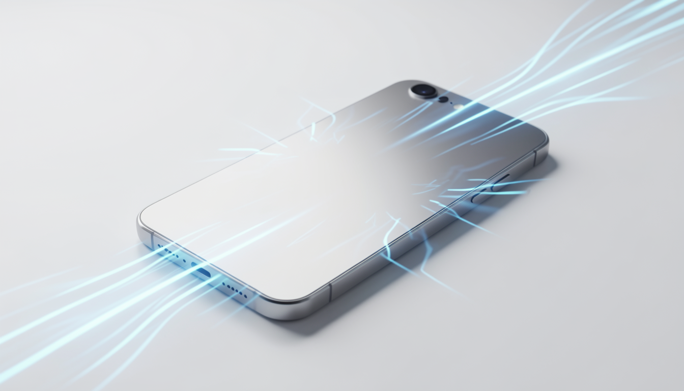 スマートフォンを模した抽象的な形状と高速処理を表す青い光の流れ