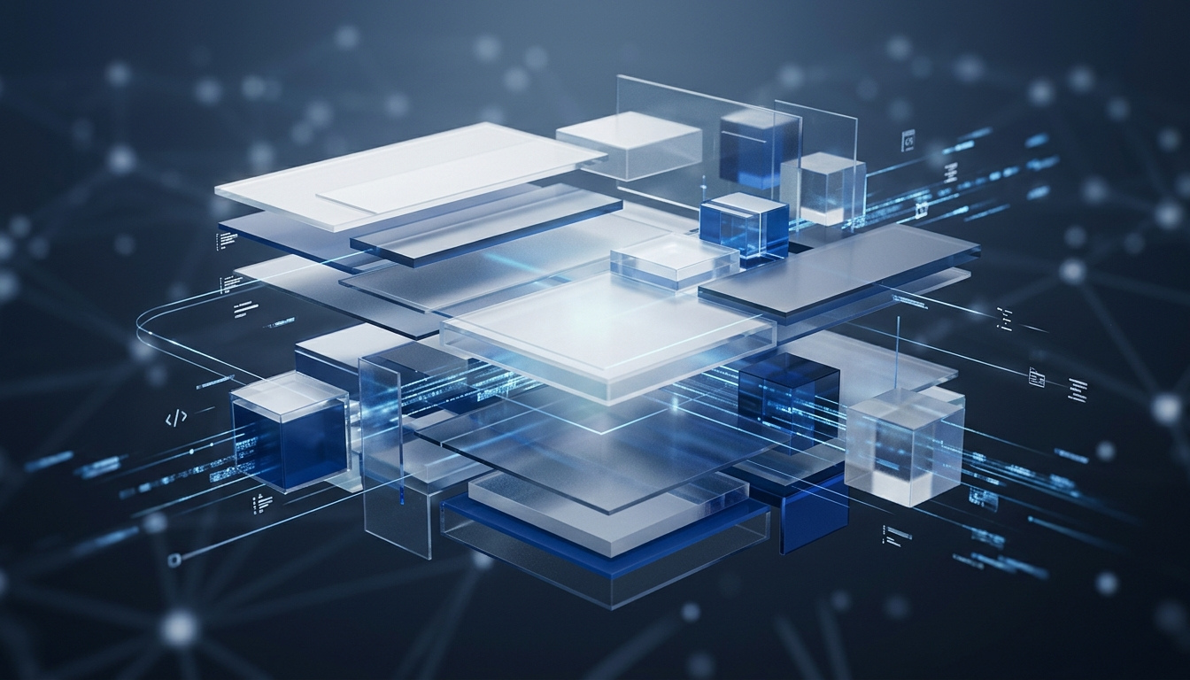 半透明レイヤーとデジタル構造でソフトウェア開発を表現したミニマルな青系イラスト