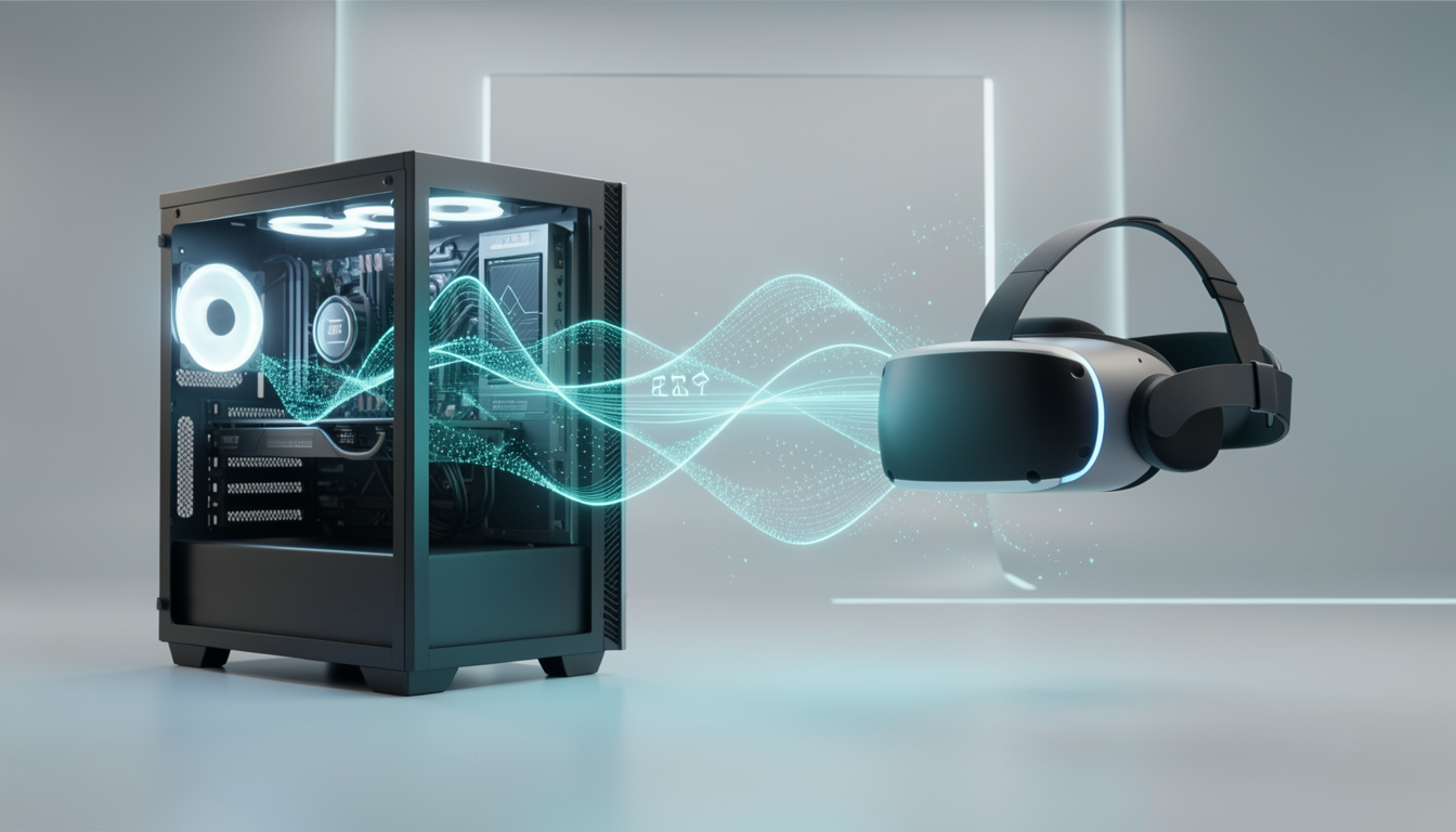 PCとVRゴーグル間の高速な無線データストリーミングを描いたイメージ