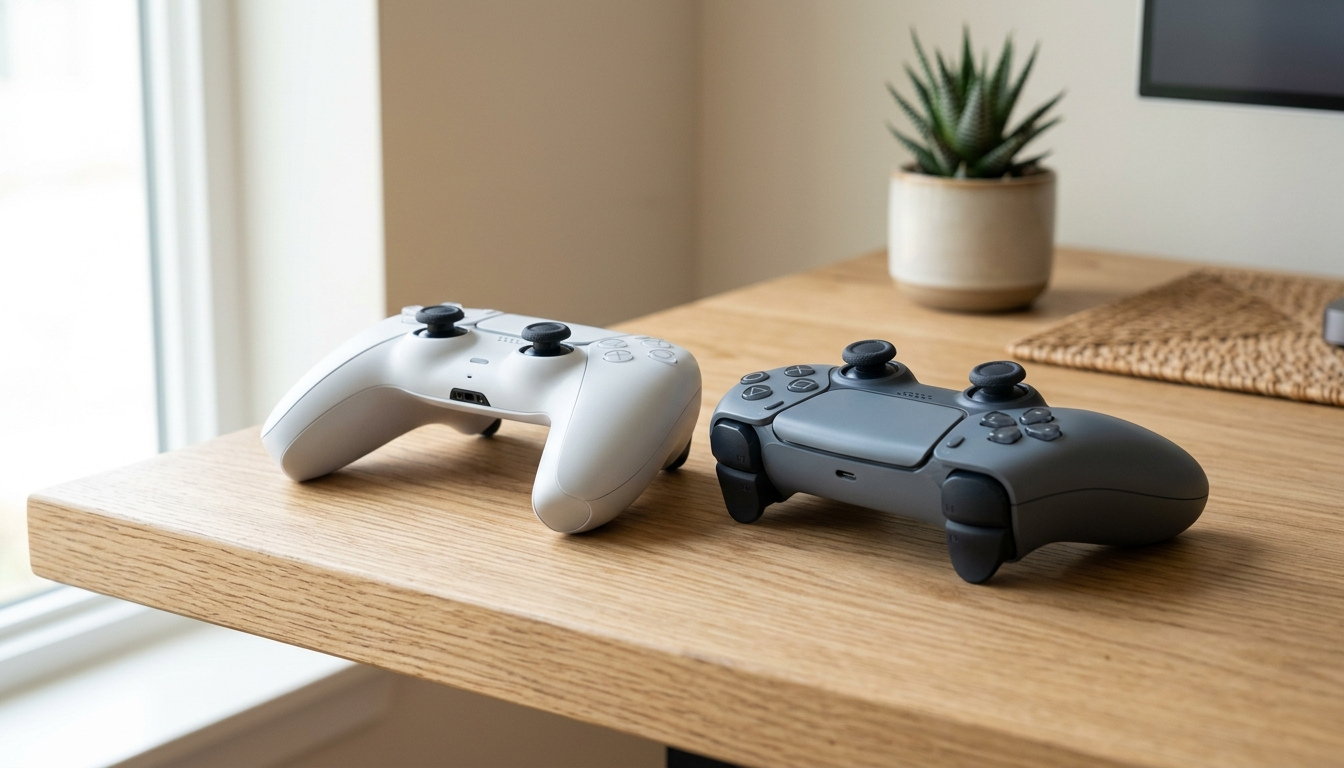 デスクの上に置かれたゲームコントローラーと落ち着いた室内環境のイメージ