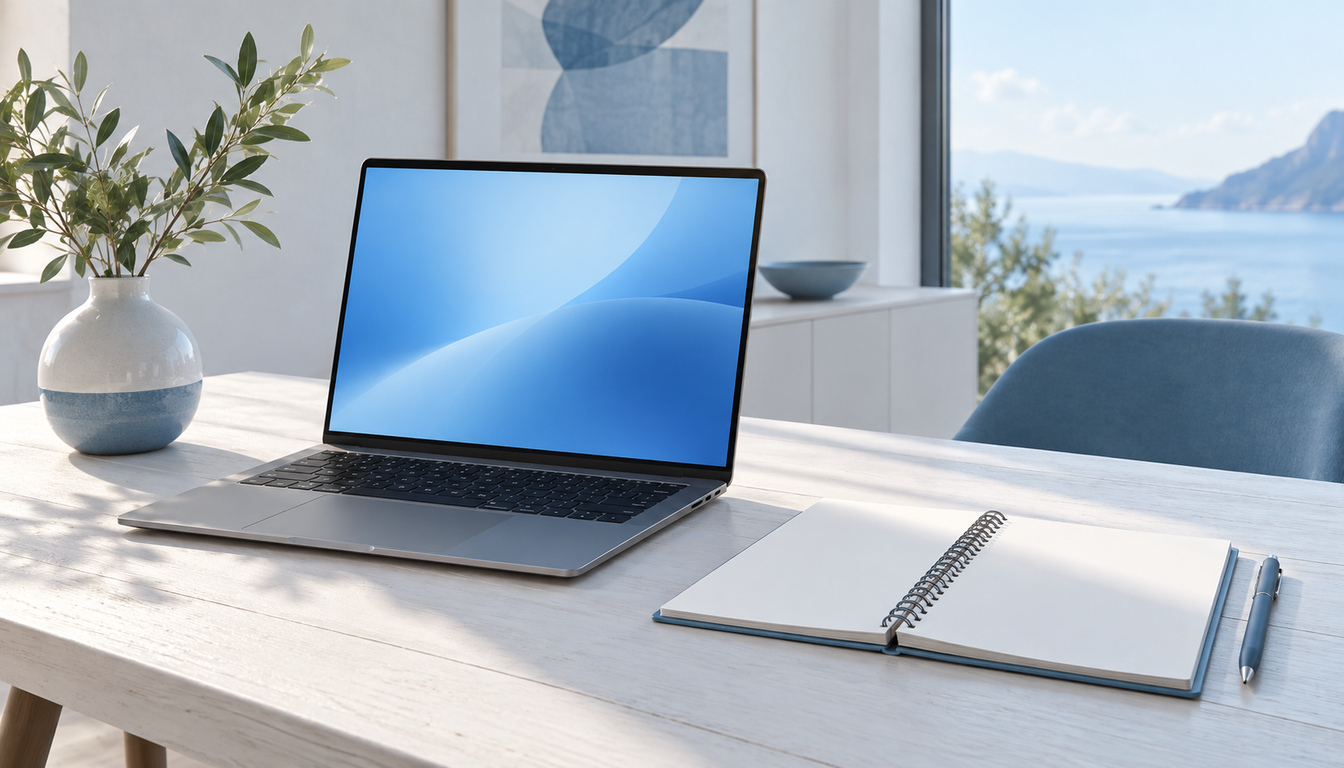 明るい作業環境に置かれたノートPCとワークスペース