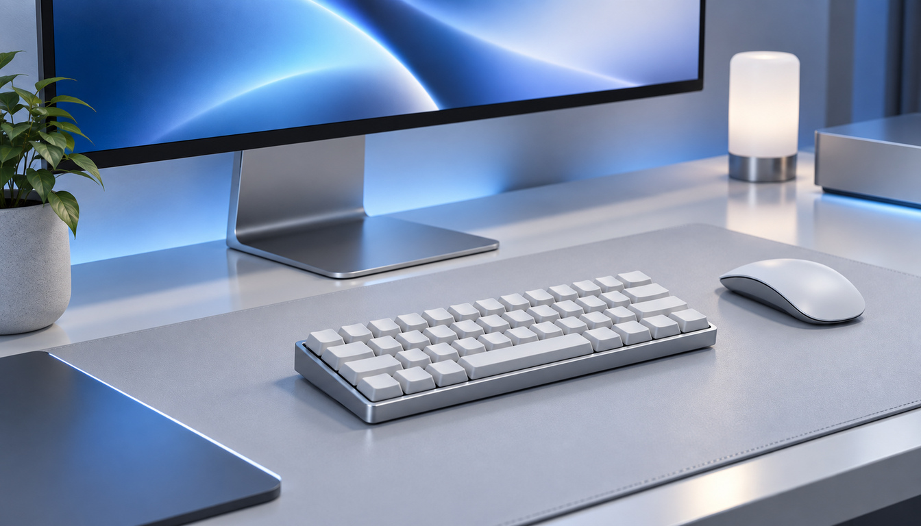 省スペースな作業環境に配置された有線ミニキーボードのデスクイメージ