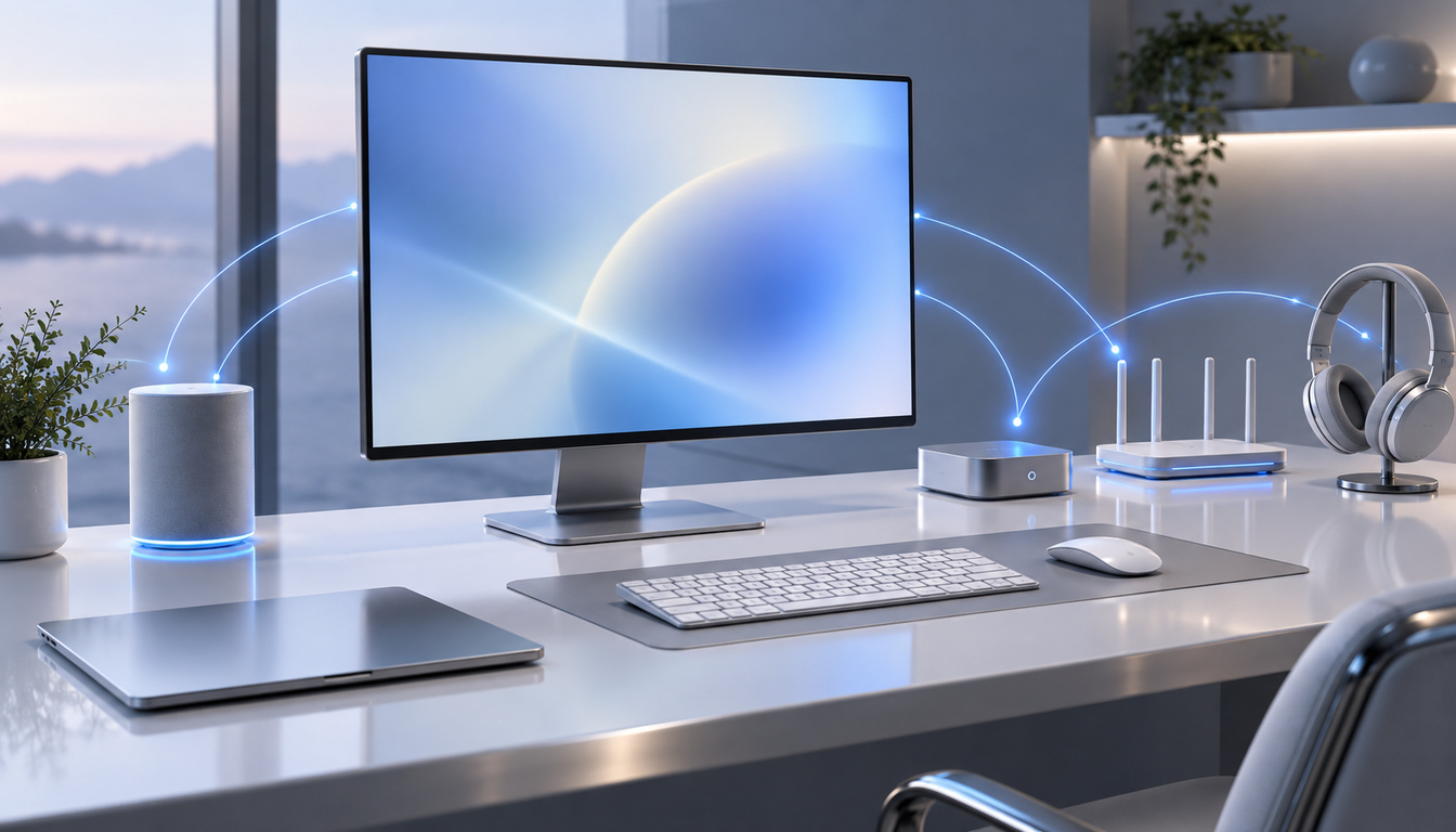 PCとスマートフォンがスムーズにワイヤレス接続されている様子を表すミニマルなデスク風景