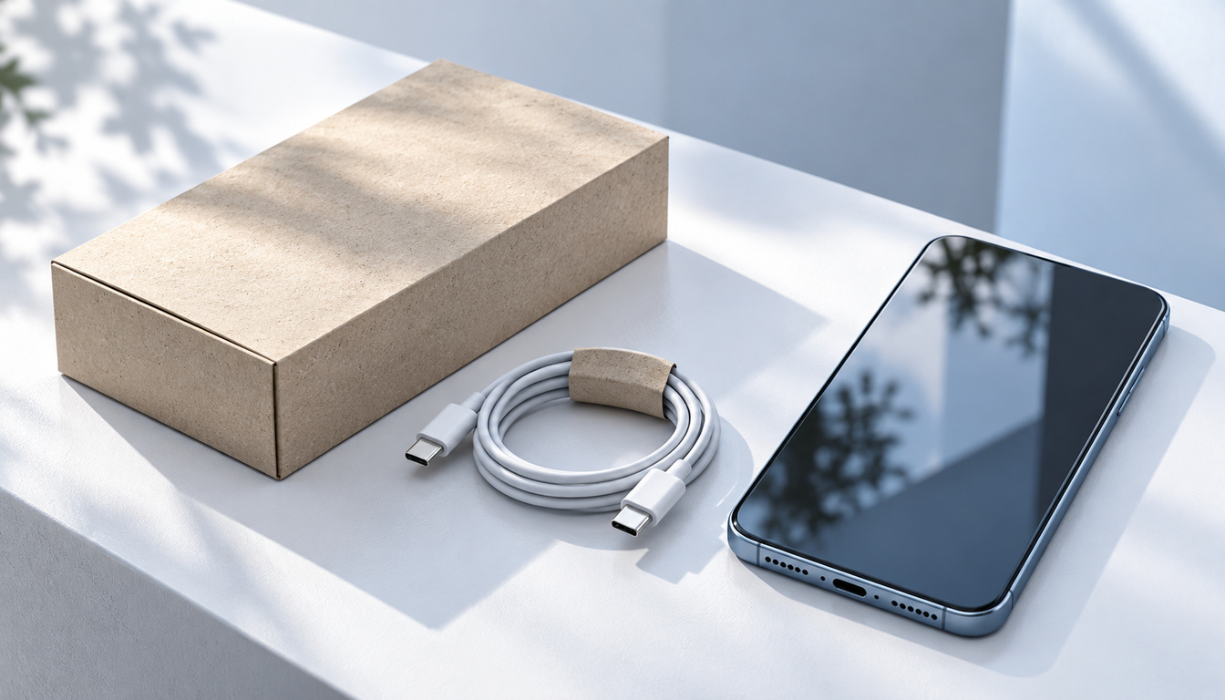 プラスチックフリーの再生紙パッケージと充電ケーブルを並べたサステナブルな製品イメージ
