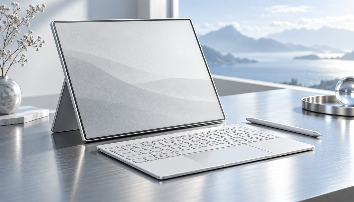 着脱式キーボードとスタイラスペンを備えた薄型電子ペーパーPCの作業イメージ